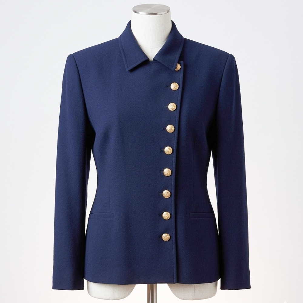 Vintage Lauren Ralph Lauren Asymmetrical Gold Button Wool Blazer Navy | 12 RARE